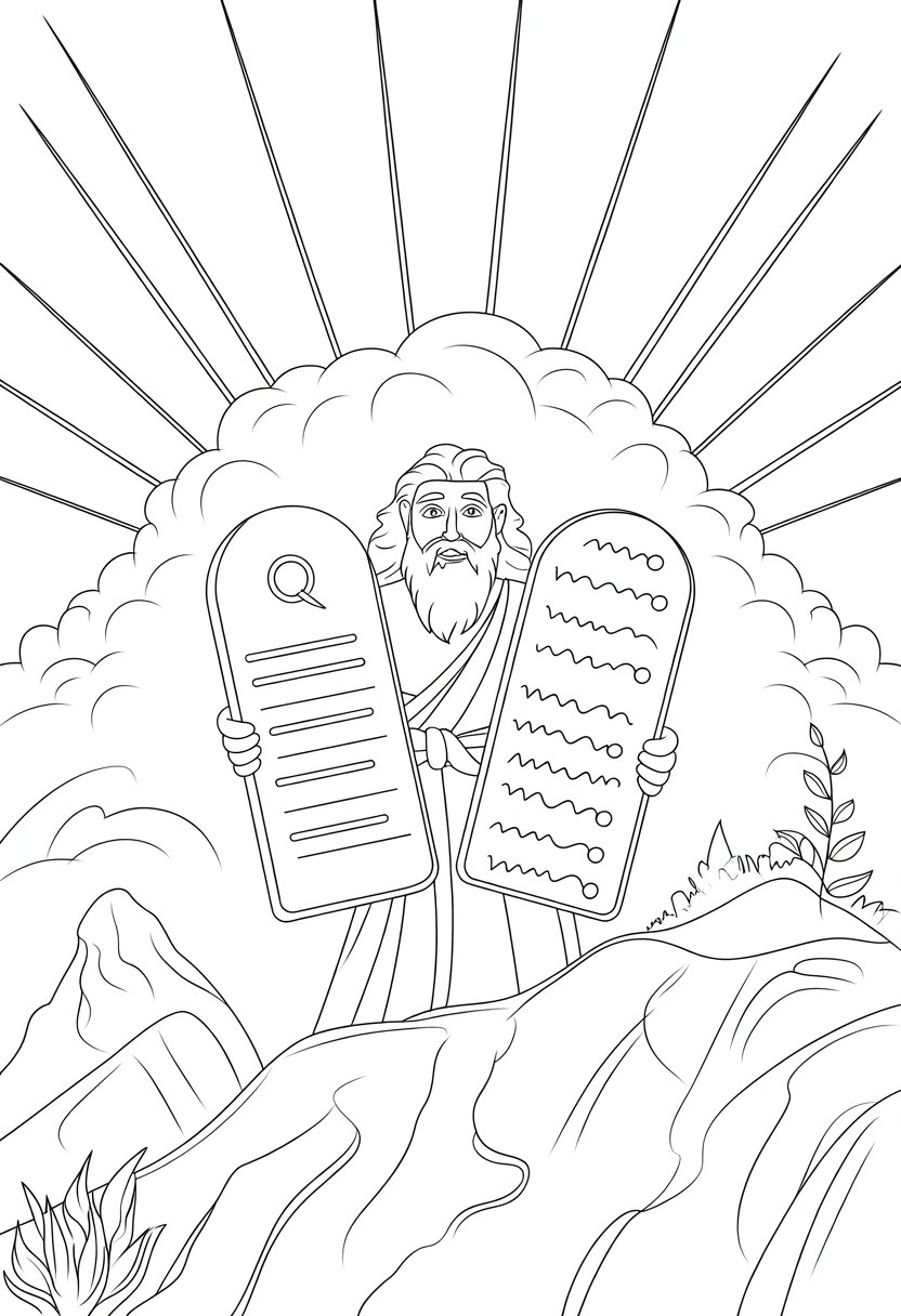 Christian Coloring Pages for Kids: 20 Inspirational Designs to Inspire Faith 33 Moses standing on a mountain holding two stone tablets with rays of light and clouds around him.